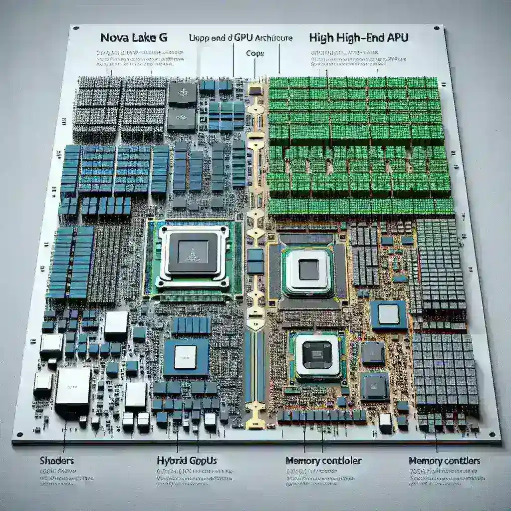 "Comparación gráfica del diseño de la GPU híbrida Nova Lake y las próximas APU de gama alta, mostrando características técnicas y arquitectónicas clave."