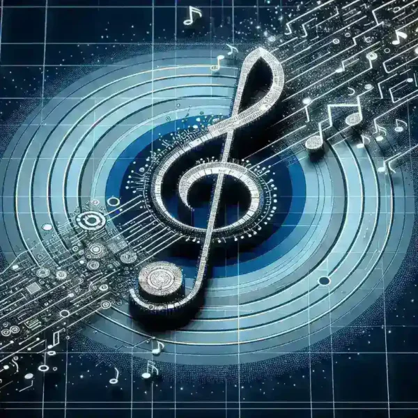 "Grupo de músicos utilizando inteligencia artificial para componer música moderna, ilustrando la revolución tecnológica en la industria musical."