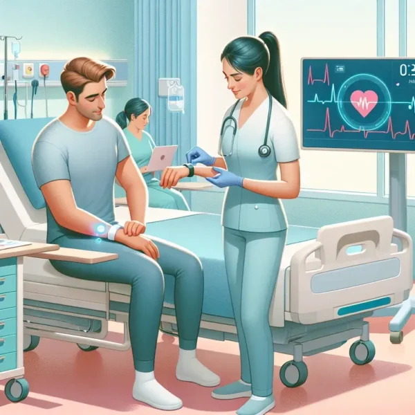 "Paciente en un hospital vasco utilizando un brazalete inteligente para la rehabilitación cardíaca, mejorando su salud y bienestar."