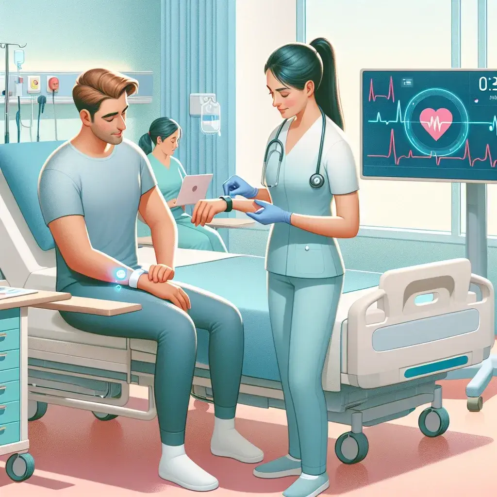 "Paciente en un hospital vasco utilizando un brazalete inteligente para la rehabilitación cardíaca, mejorando su salud y bienestar."