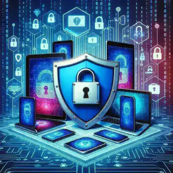 "Infografía sobre ciberseguridad que muestra consejos para mantener dispositivos seguros y proteger información personal en línea, ilustrando aspectos clave de la guía completa sobre seguridad digital."