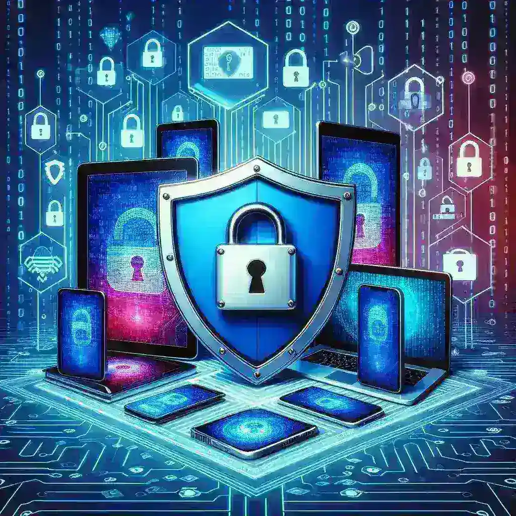 "Infografía sobre ciberseguridad que muestra consejos para mantener dispositivos seguros y proteger información personal en línea, ilustrando aspectos clave de la guía completa sobre seguridad digital."