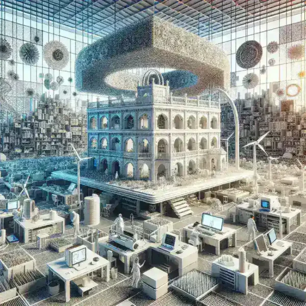 "Impresora 3D en acción, creando estructuras de vivienda social de bajo coste en un entorno de startup española, destacando la innovación y sostenibilidad en la construcción."