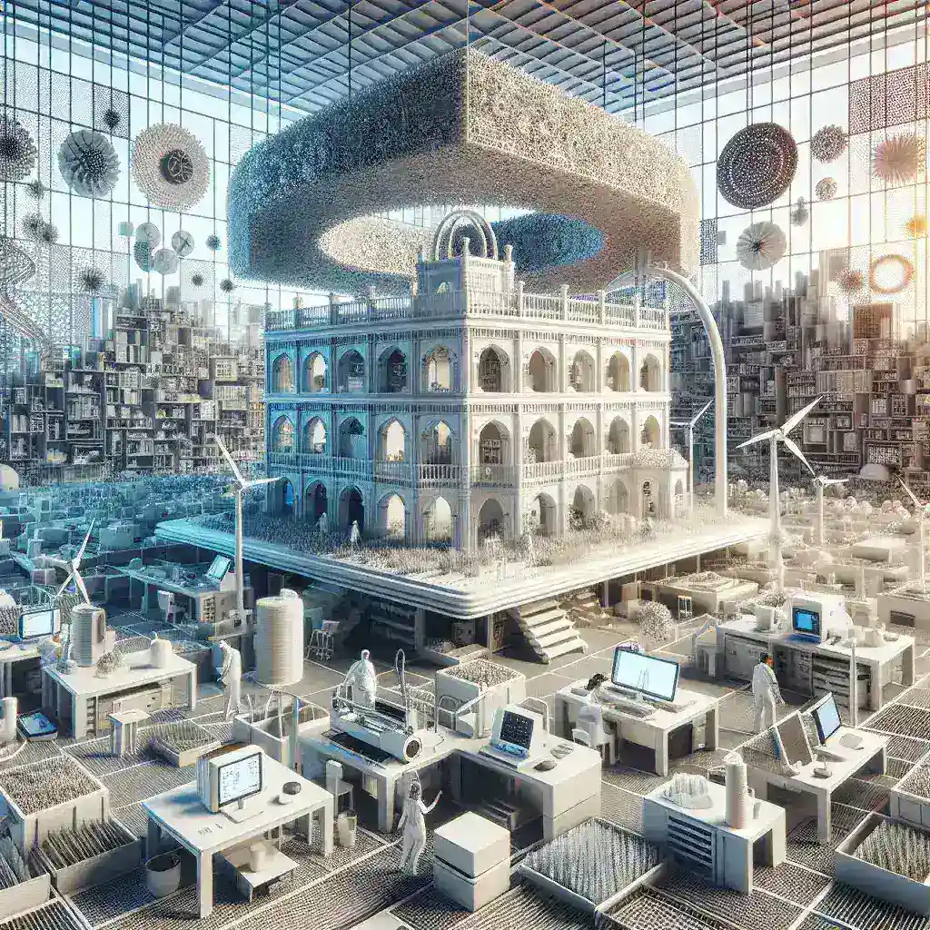 "Impresora 3D en acción, creando estructuras de vivienda social de bajo coste en un entorno de startup española, destacando la innovación y sostenibilidad en la construcción."