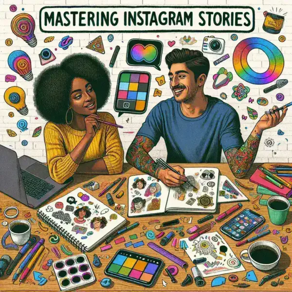 "Ejemplo de contenido atractivo en Instagram Stories con imágenes coloridas y elementos interactivos, ilustrando consejos de la guía definitiva para dominar Insta Stories."