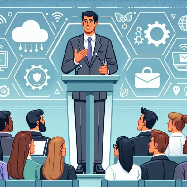 "Imagen de un funcionario del gobierno presentando nuevas subvenciones para PYMES, enfocadas en la digitalización y ciberseguridad, en un evento oficial."