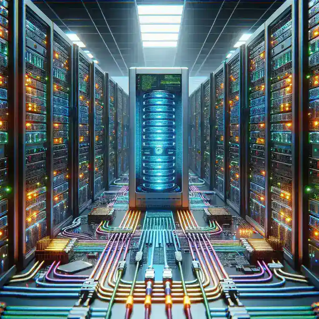 "Integración de servidores de inteligencia artificial en centros de datos modernos, mostrando una arquitectura avanzada y tecnología innovadora para optimizar el rendimiento y la eficiencia energética."