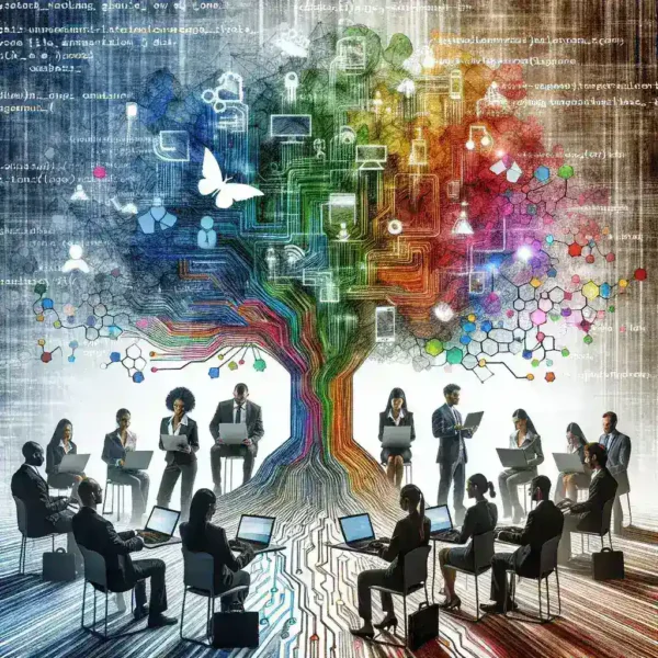 "Empleados colaborando en un proyecto de software de código abierto en una oficina moderna, destacando las ventajas para empresas como flexibilidad, personalización y ahorro de costos."