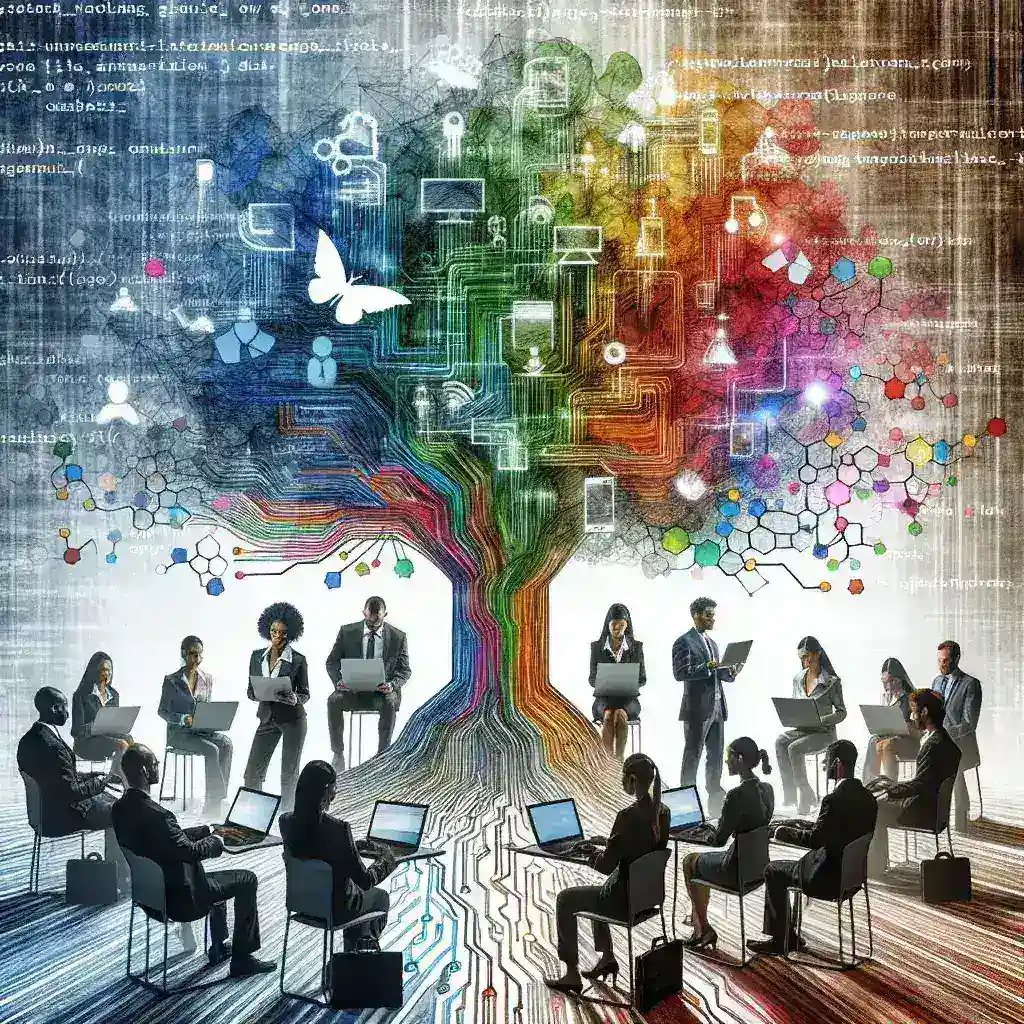 "Empleados colaborando en un proyecto de software de código abierto en una oficina moderna, destacando las ventajas para empresas como flexibilidad, personalización y ahorro de costos."